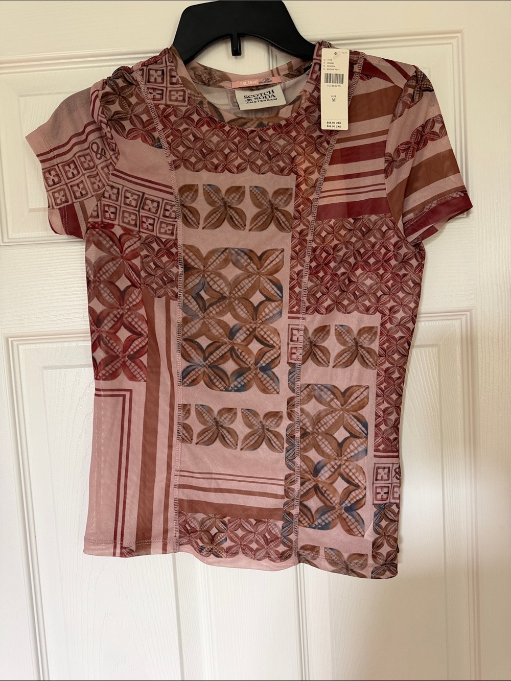 Scotch & Soda NWT Geometric Patchwork Short Sleeve Top - Rose Brown Multi Mesh